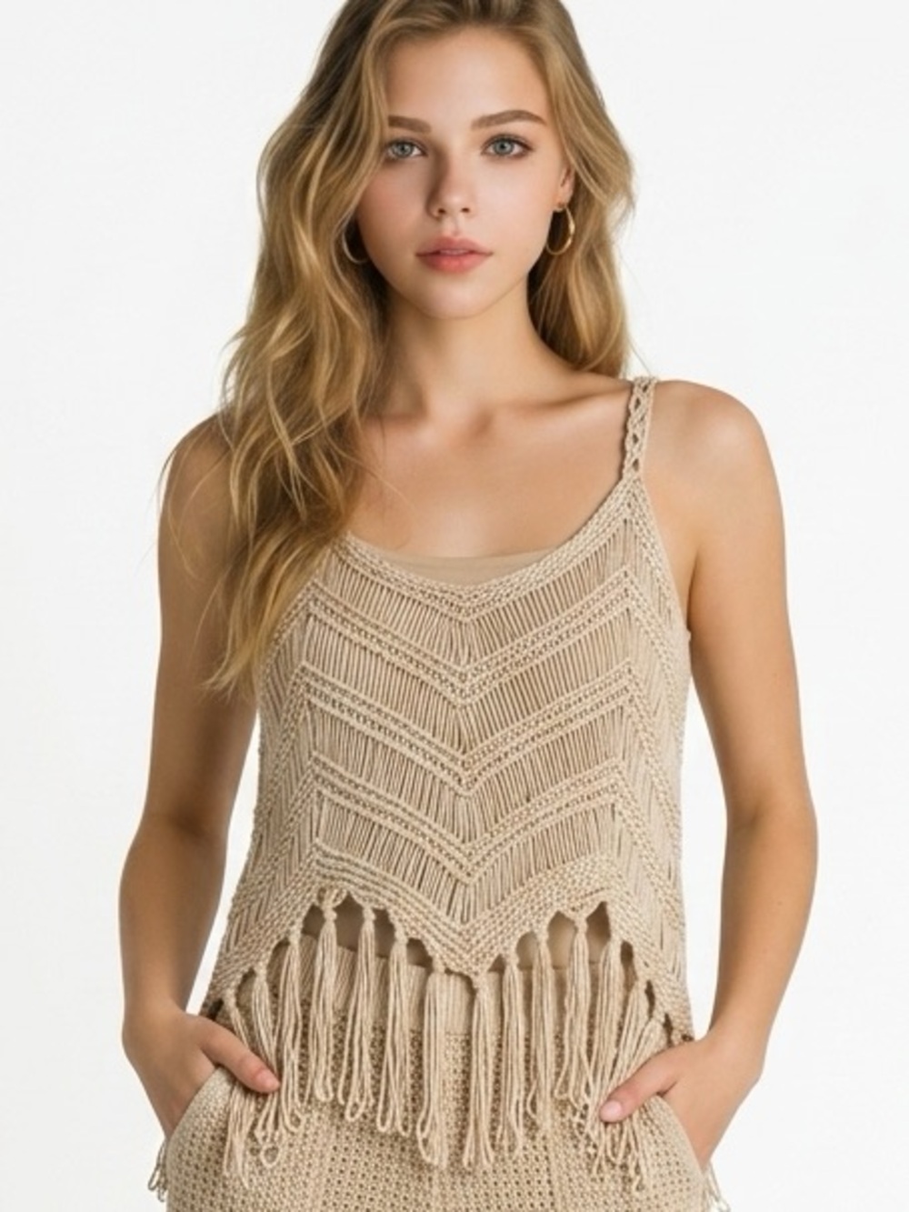 Beige Crochet Fringe Tank Top - Women